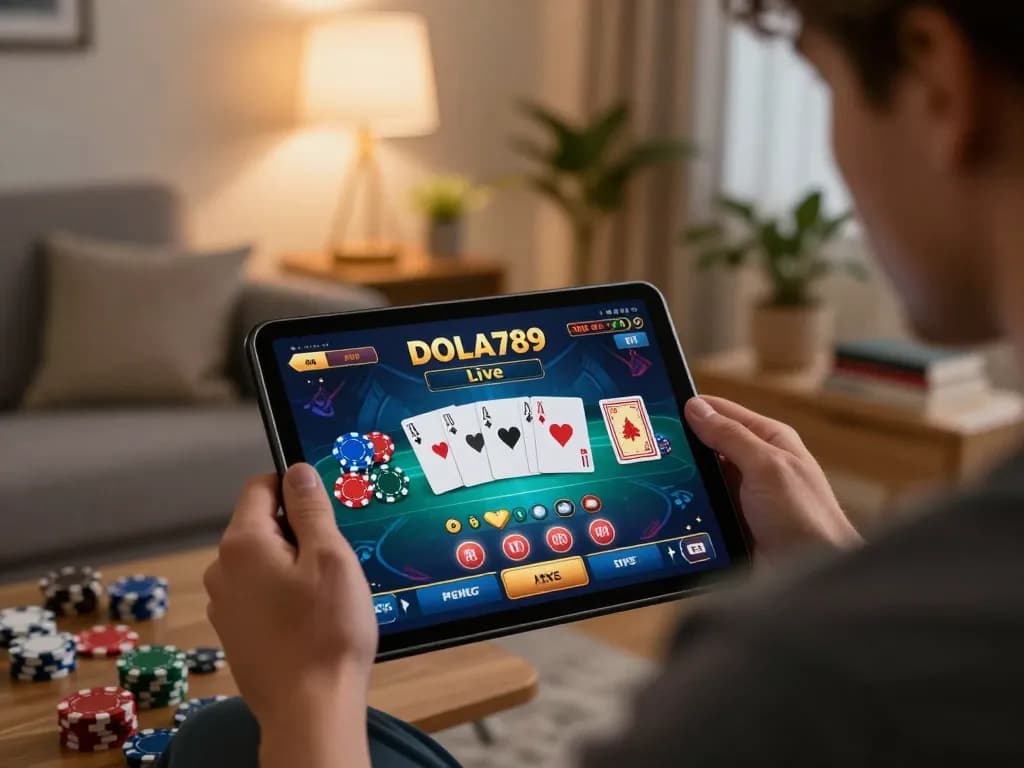 DOLA789 player engaging in live casino gaming on tablet in cozy setting