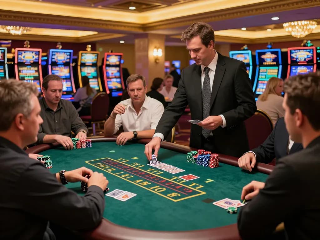 Fabet blackjack players strategizing at captivating casino table amidst warm ambiance.