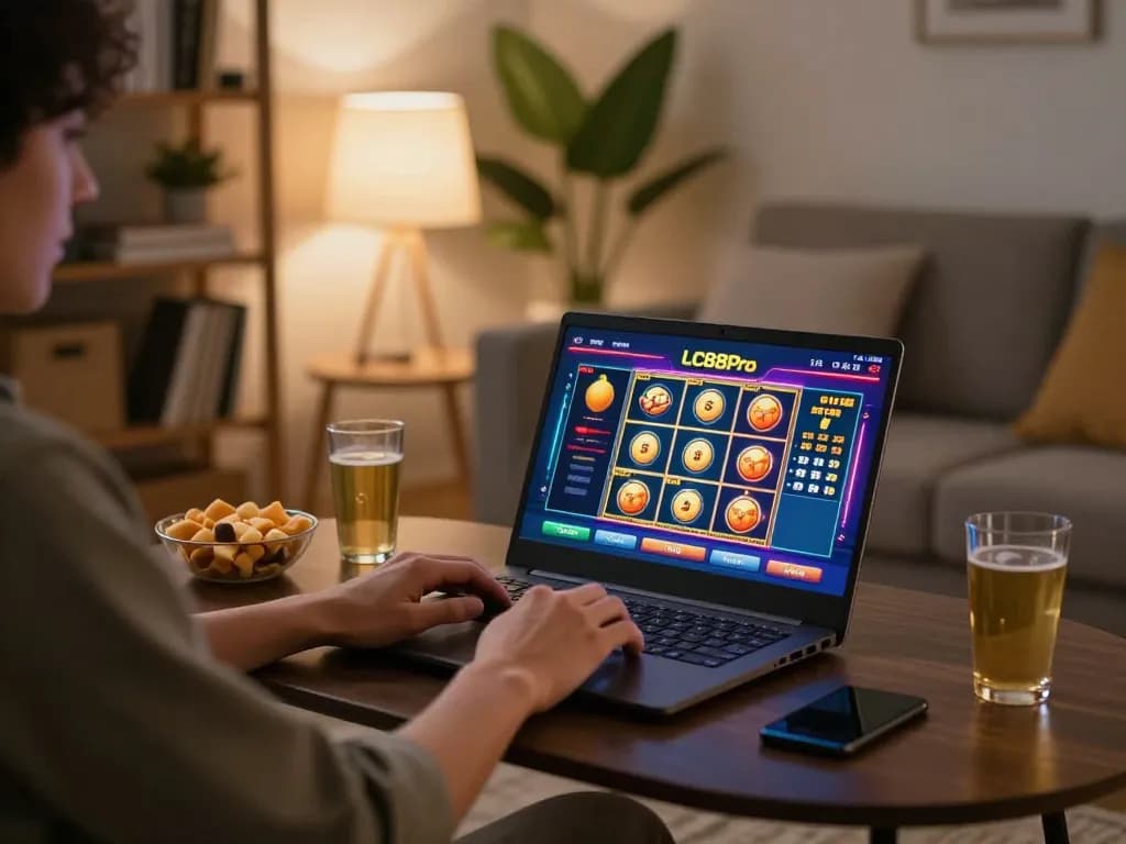 Engaging with LC88Pro's online slot games in a cozy home setup with a laptop, snacks, and warm lighting.