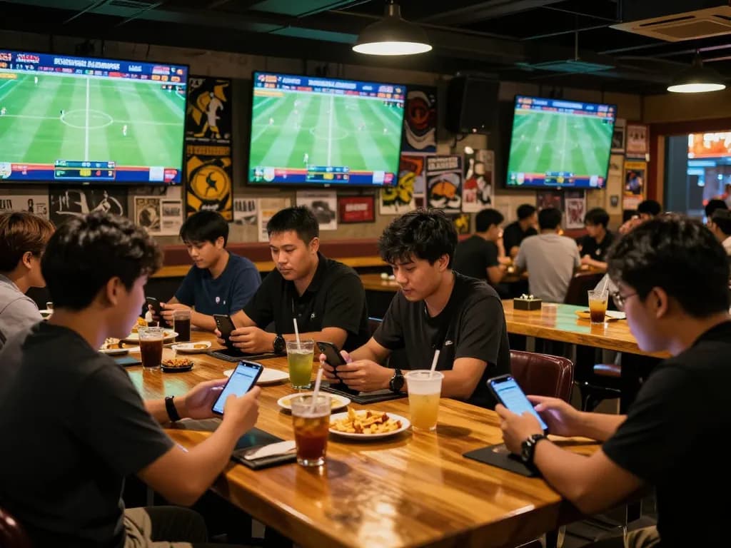 Sports enthusiasts actively engaged in แทงบอล strategies at a lively sports bar with live match displays.