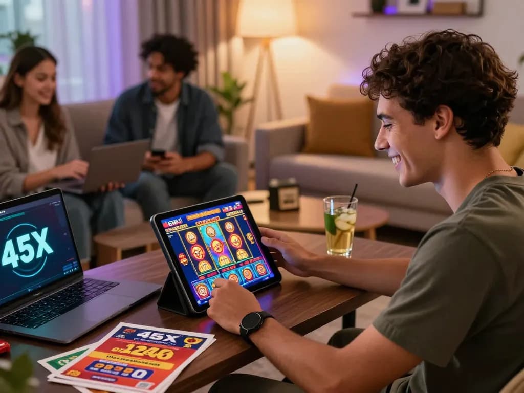Diverse players experiencing the thrill of winning on the 45X online casino platform in a cozy setting.