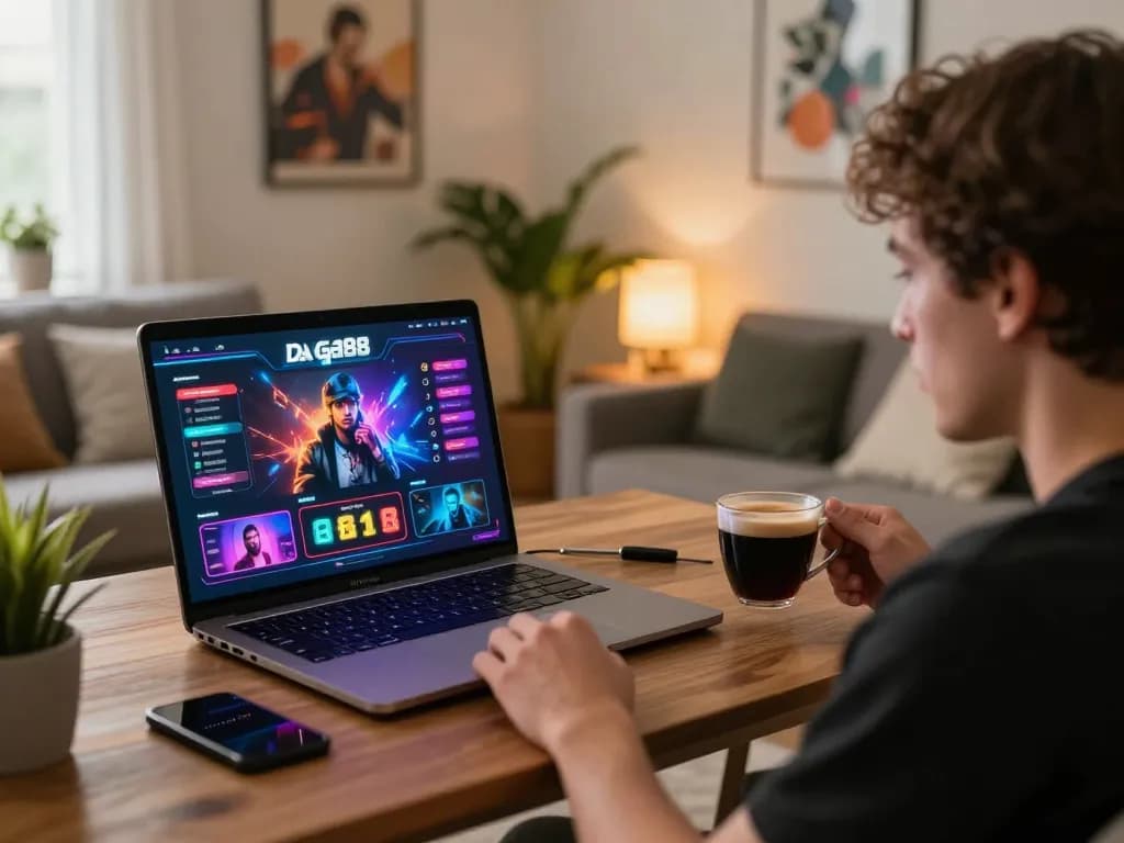 Engaged player analyzing da ga88 online gaming interface on laptop in a cozy home environment