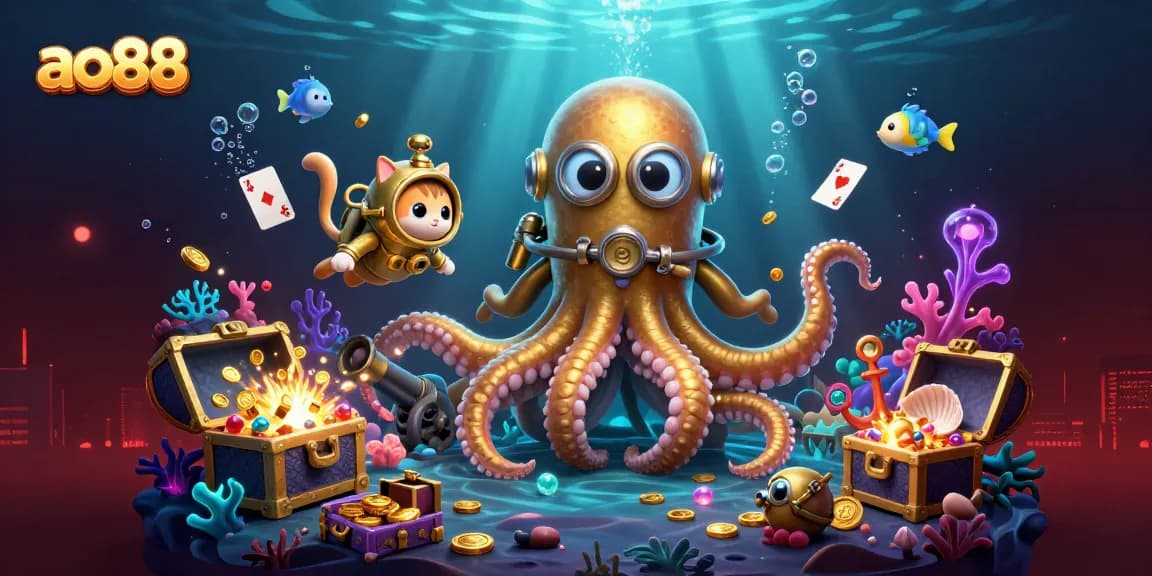 Spin and win at ao88 with a cartoon kraken, diving cat, and treasures in this vibrant illustration.
