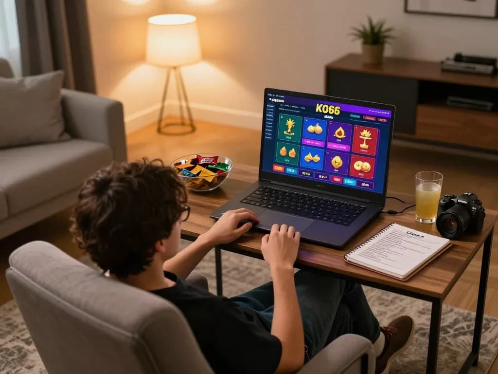 Engaging in online gaming at home on KO66 COM with vibrant game displays and comfortable setup.
