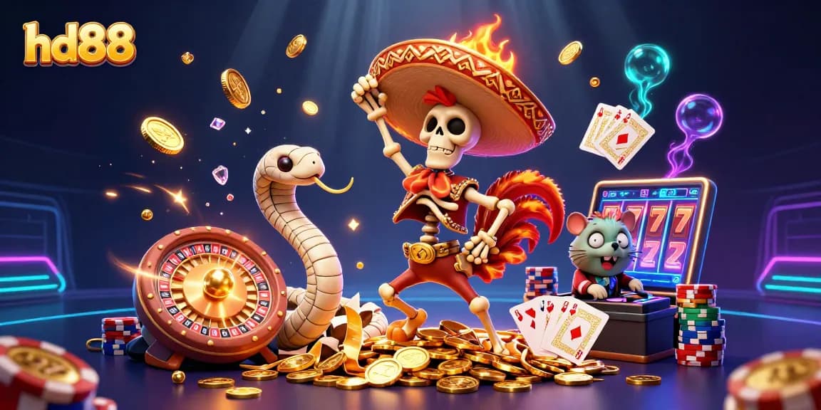 Join the celebration at hd88 with a dancing skeleton mariachi rooster in a vibrant casino scene.