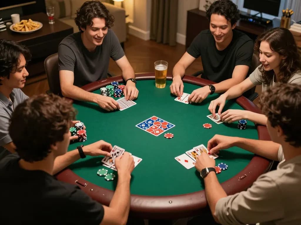 Engaging home poker night with friends playing strategically at the table and enjoying drinks, featuring U888 gaming excitement.