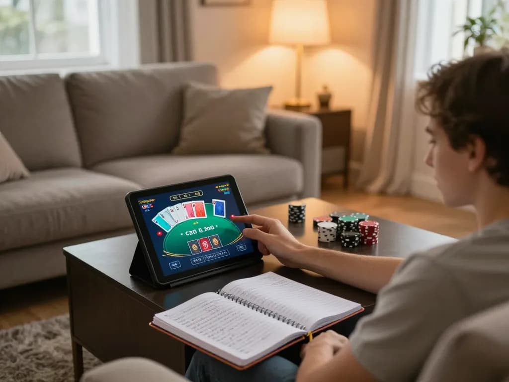 Player engaging in online poker at home, enjoying 33win's casino experience with strategic notes nearby.