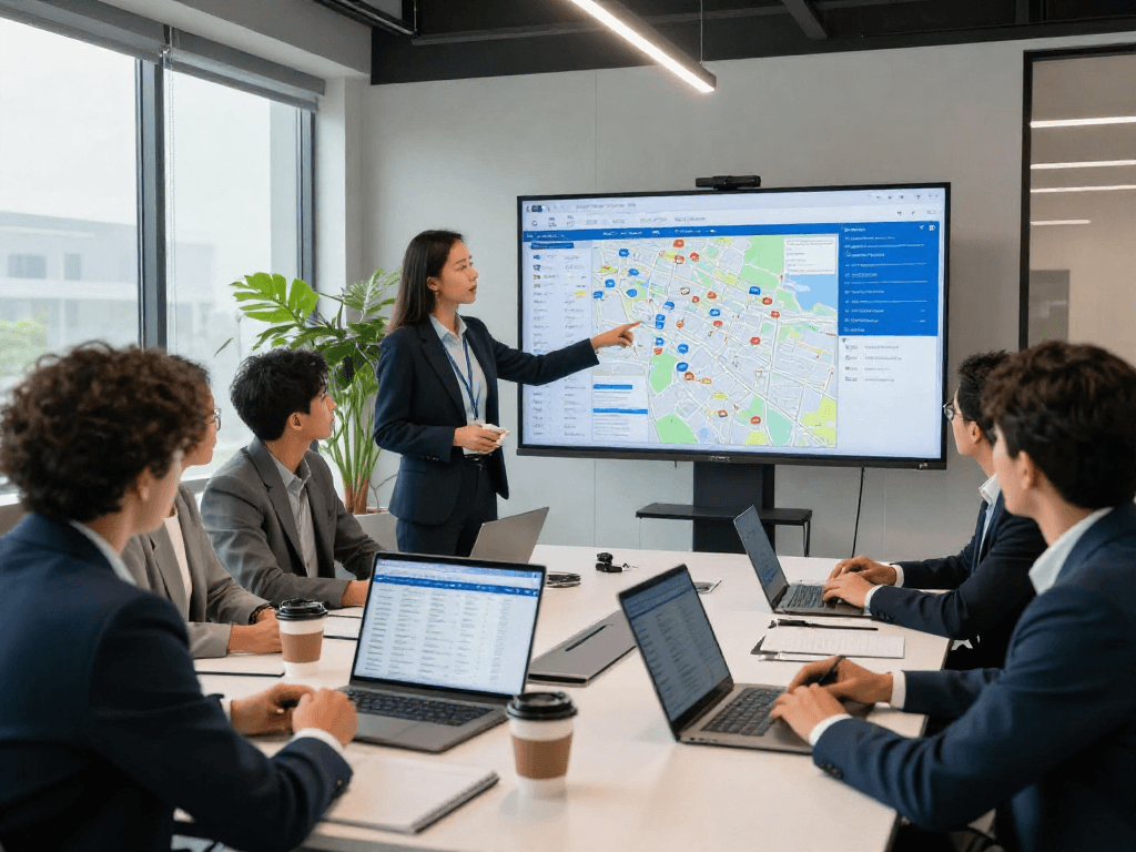 Interactive discussion on IDXSTAR real estate software in a modern office.