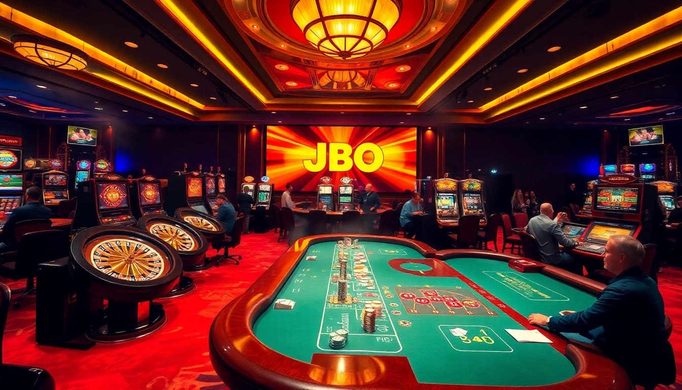 Experience thrilling gaming at JBO casino with roulette wheels and vibrant slot machines.