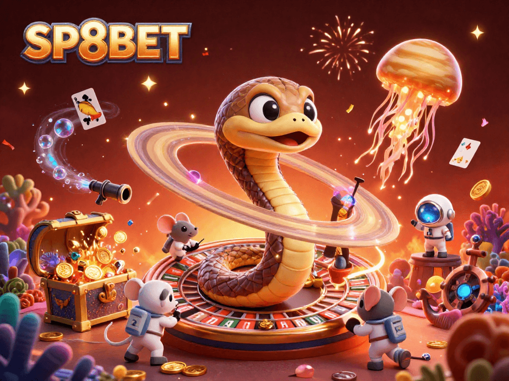 Engage in thrilling bets with SP8BET's cosmic roulette featuring cartoon snake and astronaut mice.