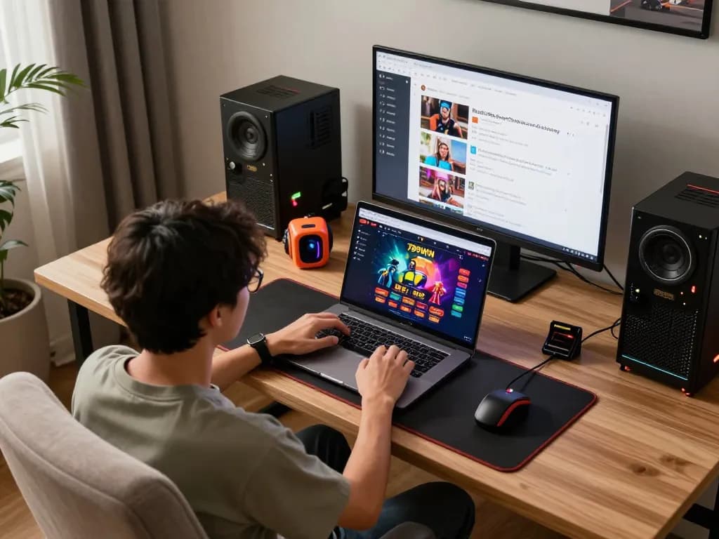 Engaging in online gaming with 789WIN, a person uses a laptop displaying vibrant online casino games.