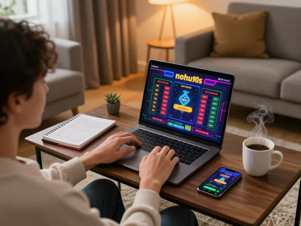 The gaming atmosphere of nohu90s captured as a person enjoys online betting at home, highlighting responsible gameplay and strategy notes.