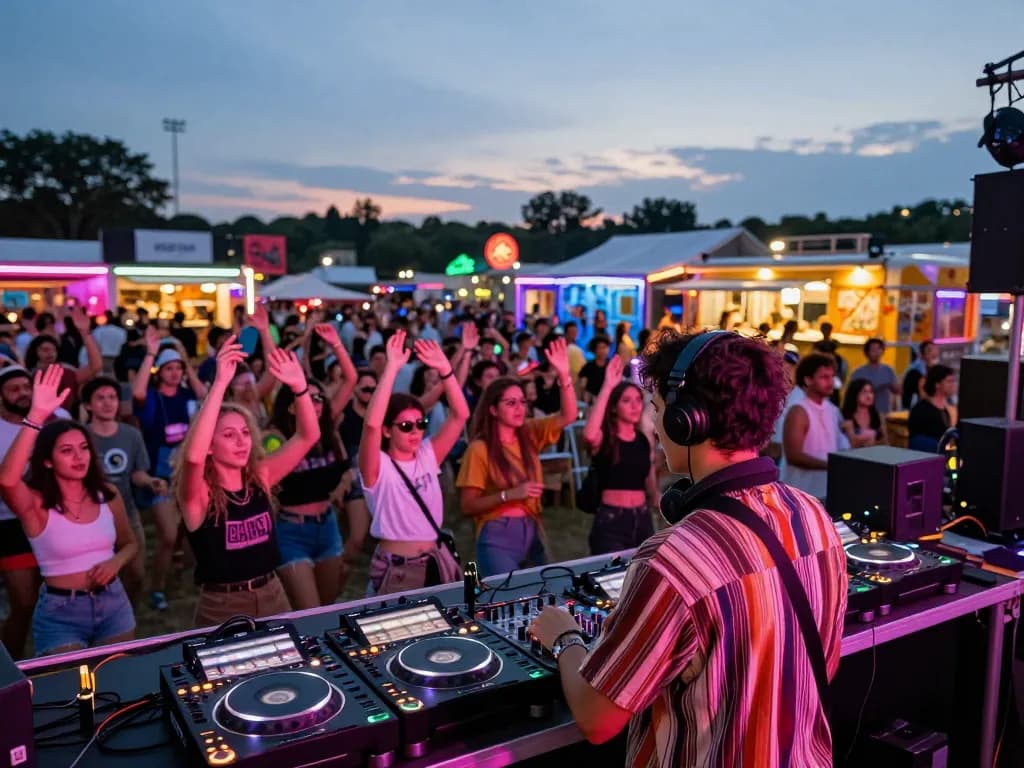 8Day music festival scene with DJ engaging crowd, vibrant lights, and joyful atmosphere.
