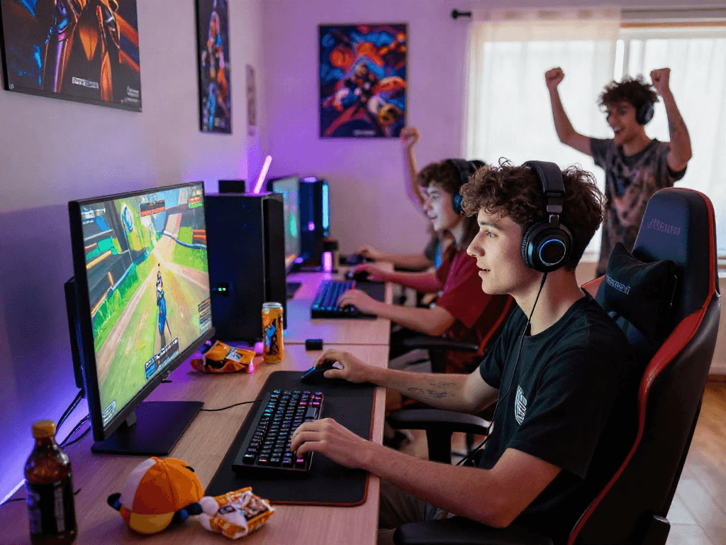 Youth engaged in porngames in a vibrant gaming setup with LED lights.