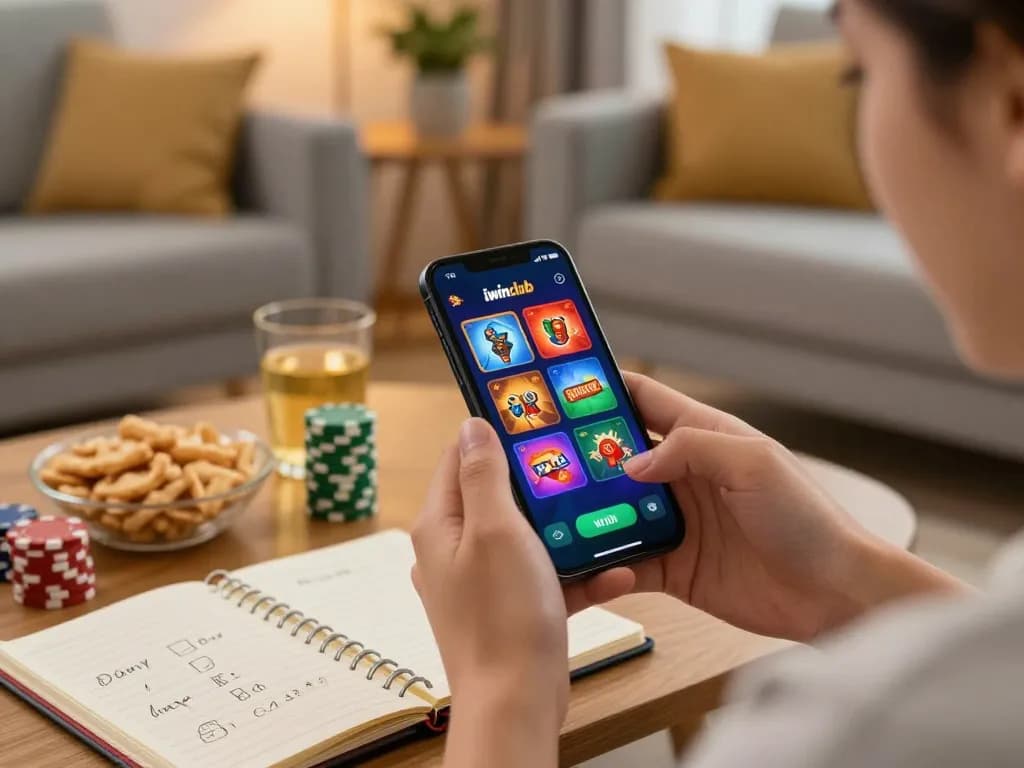 Engaging with the iwinclub app in a cozy home setting while enjoying online casino games.