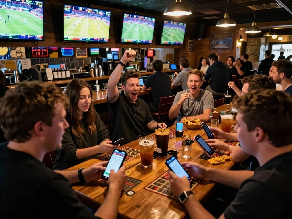 Experience fabet sports betting excitement with friends surrounded by screens and betting apps