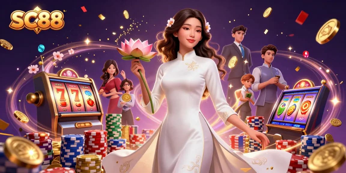 Experience vibrant SC88 slot adventures with a graceful Asian woman amidst cascading coins and lucky reels.