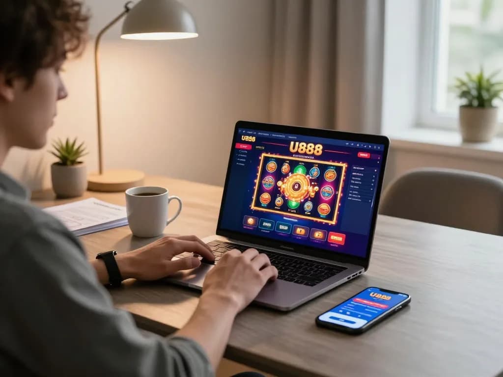 Person engaging with the U888 online casino interface on a laptop, showcasing an exciting gaming moment.