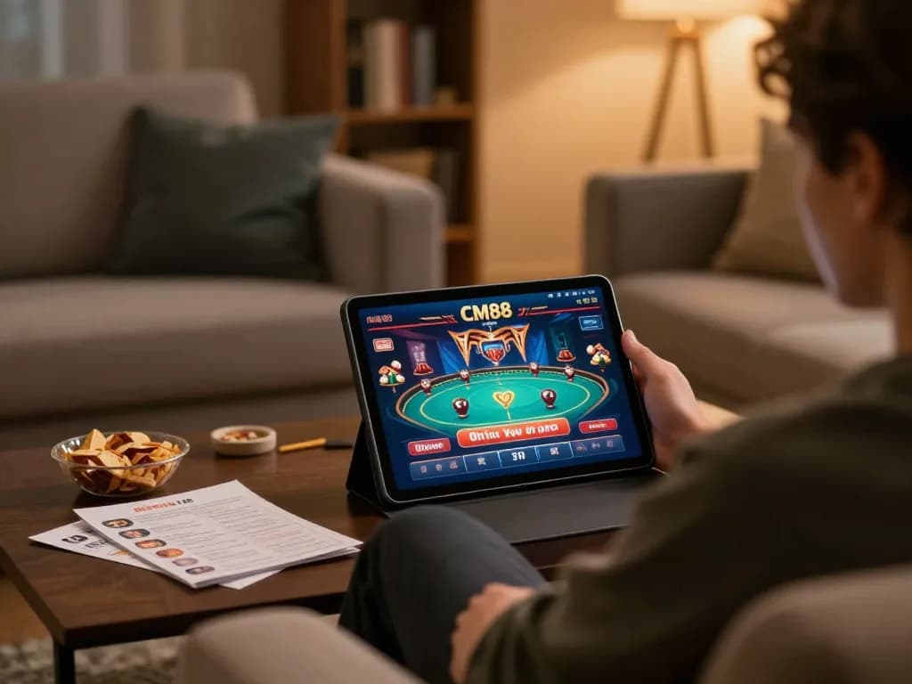 Engaging gameplay at nhà cái CM88, featuring a player strategizing with an online casino app in a cozy home setting.