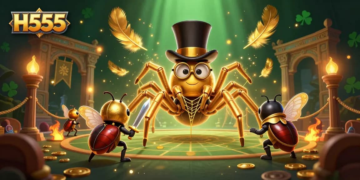 H555 leads an exciting adventure in this casino-themed illustration with a golden tarantula and brave beetle knight.