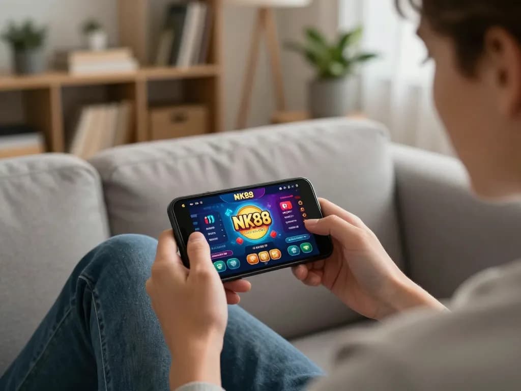 Engaged player using the NK88 app on smartphone for casino gaming at home.