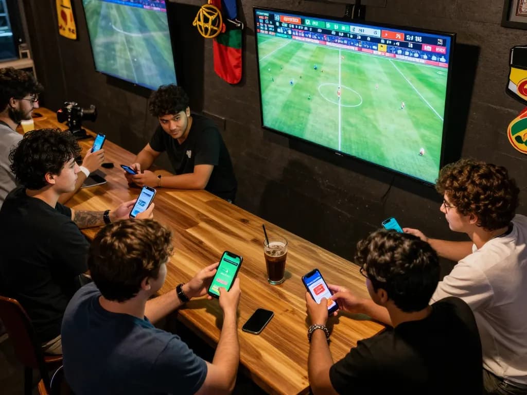 Socolive users actively engaged in live sports betting during a match with vibrant screens and drinks around.