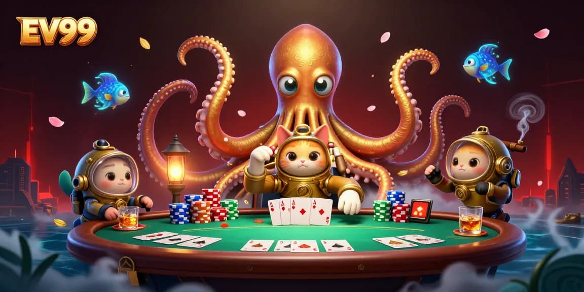 Experience thrilling poker action with EV99 featuring a colossal kraken and diving cat in a vibrant scene.