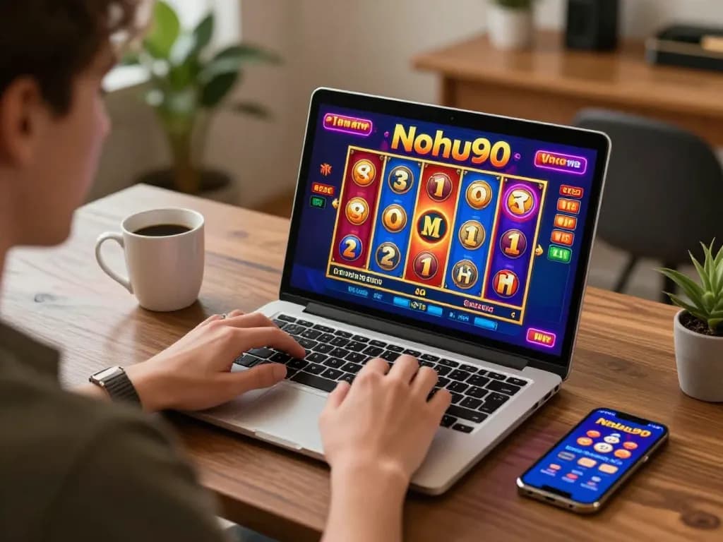 Nohu90 player enjoying online slots on their laptop, showcasing engaging gameplay experience.