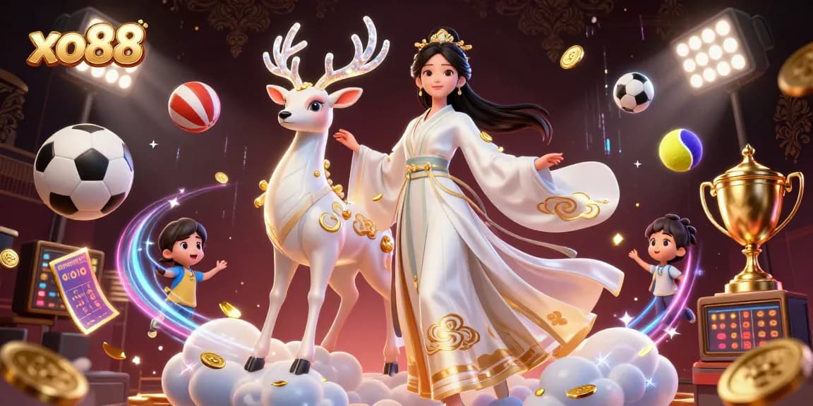 Bet on exciting xo88 games with an Asian woman in hanfu, sports elements, and vibrant 3D details.
