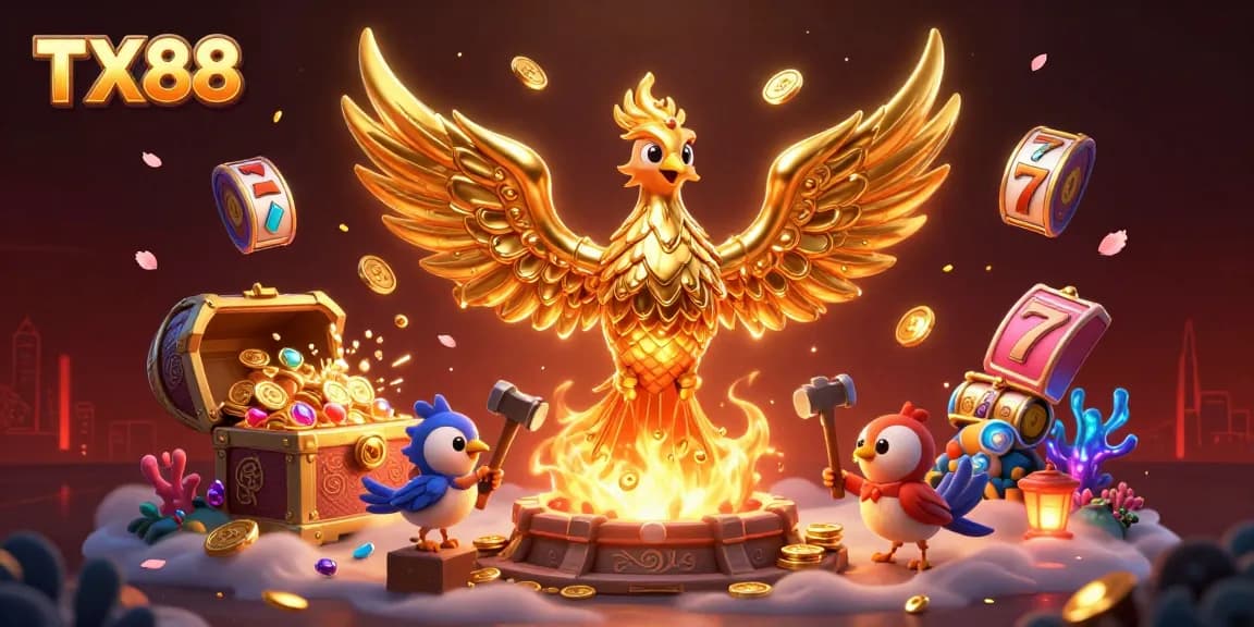 Experience the thrill of TX88 with a molten golden phoenix, coins, and vibrant casino elements.