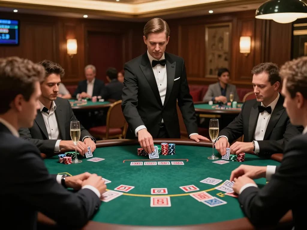 ONE88 players strategize at an elegant blackjack table in a luxurious casino setting.