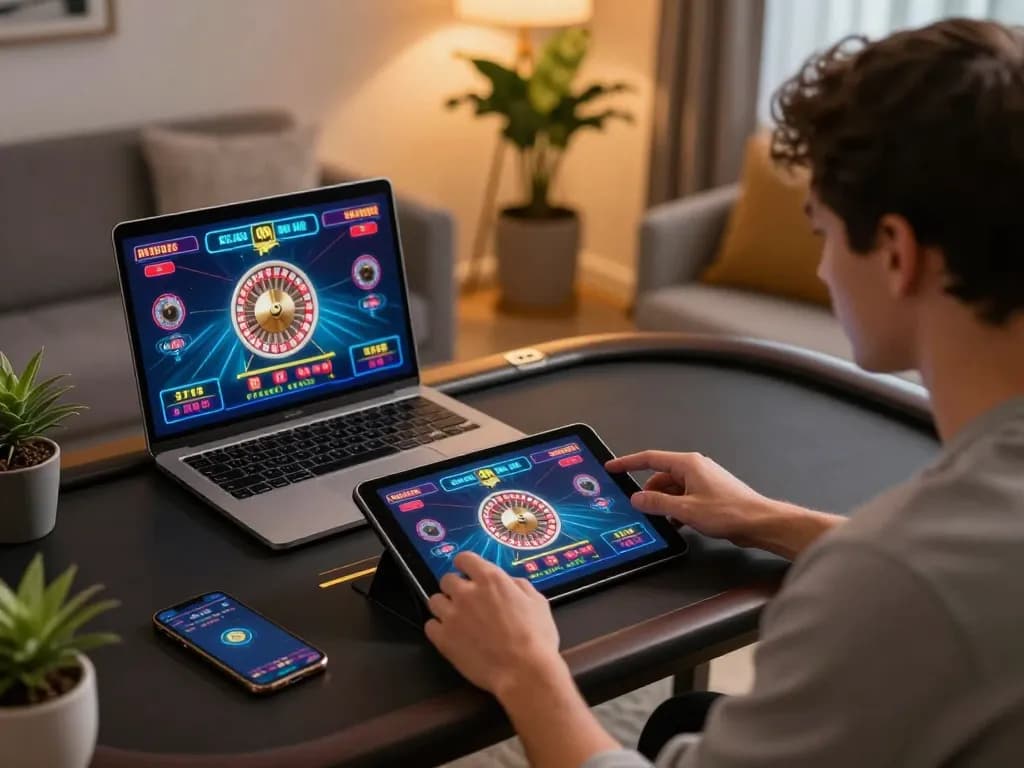Player engages in online FC88 roulette gaming with tablet and laptop in cozy home setting.