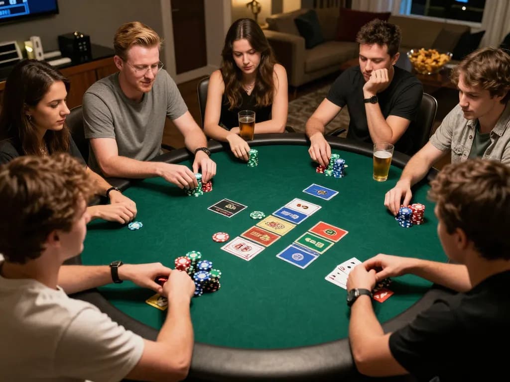 Friends enjoying a thrilling poker game at home, focusing on SC88 gameplay strategy with colorful chips and cards visible.