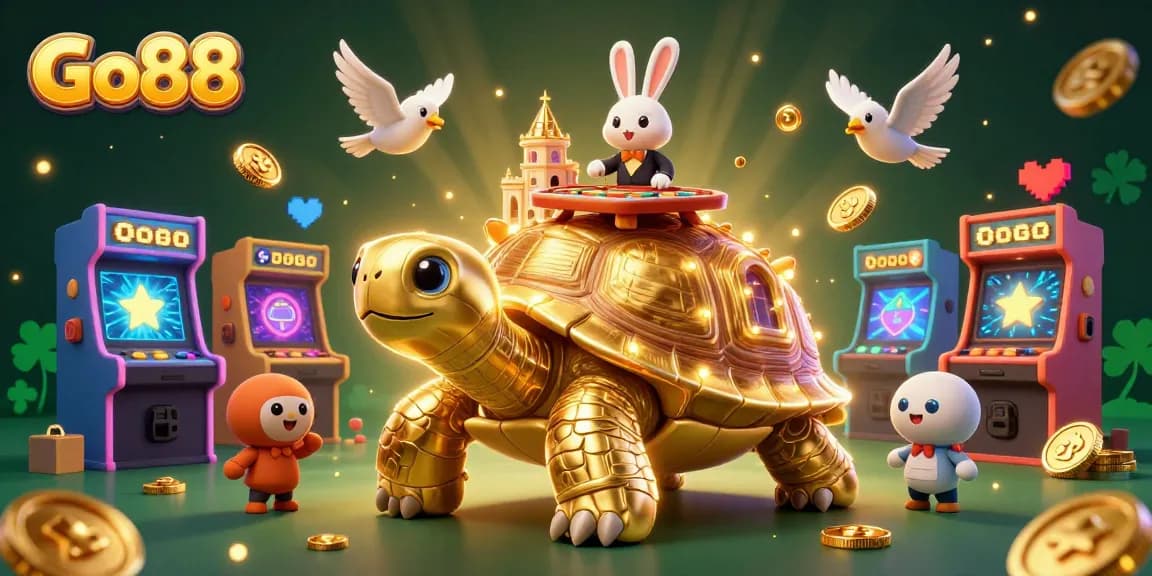 Go88 offers exciting gaming experiences with its vibrant casino-themed 3D illustration featuring a golden tortoise and many rewards.