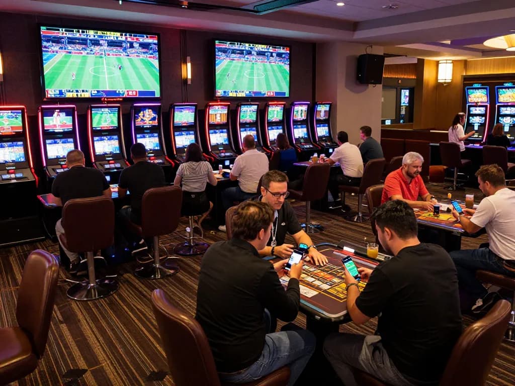 Engaging scene of sports betting enthusiasts at nhandinhkeonhacai, lively environment with live match screens.