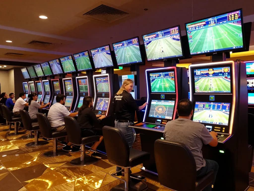 Kèo nhà cái displayed on screens, excited patrons placing bets in a modern sports betting area.