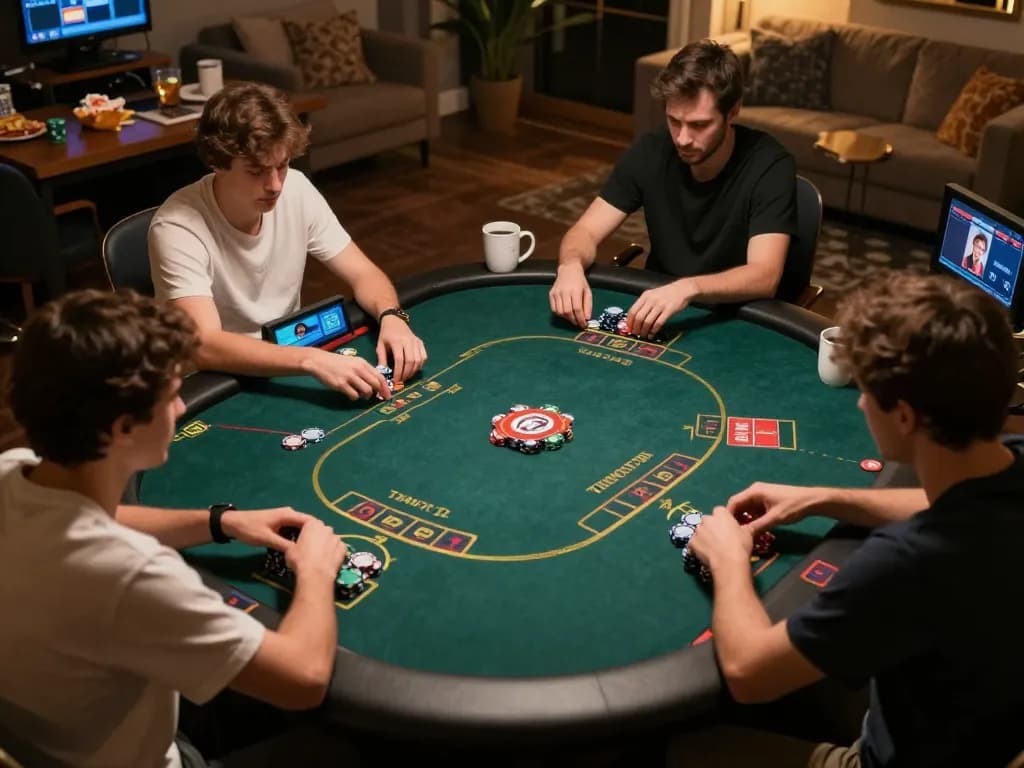 Players engaging in an online poker game with sunwin-themed interfaces and vibrant digital tables, showcasing strategic gameplay.