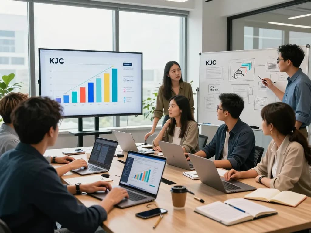 Team collaborating in a modern office for KJC entertainment strategies, showcasing dynamic teamwork and innovation.