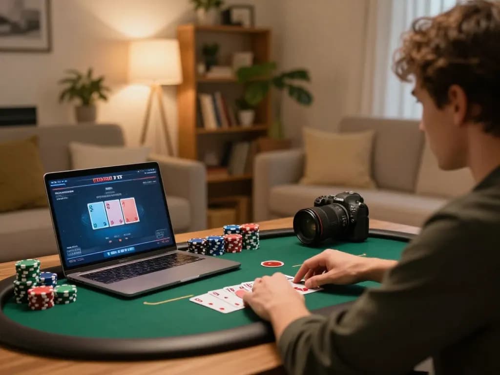 Engaging in a lively online poker game at home using https://jl16-games.org/ on a laptop with focused attention.