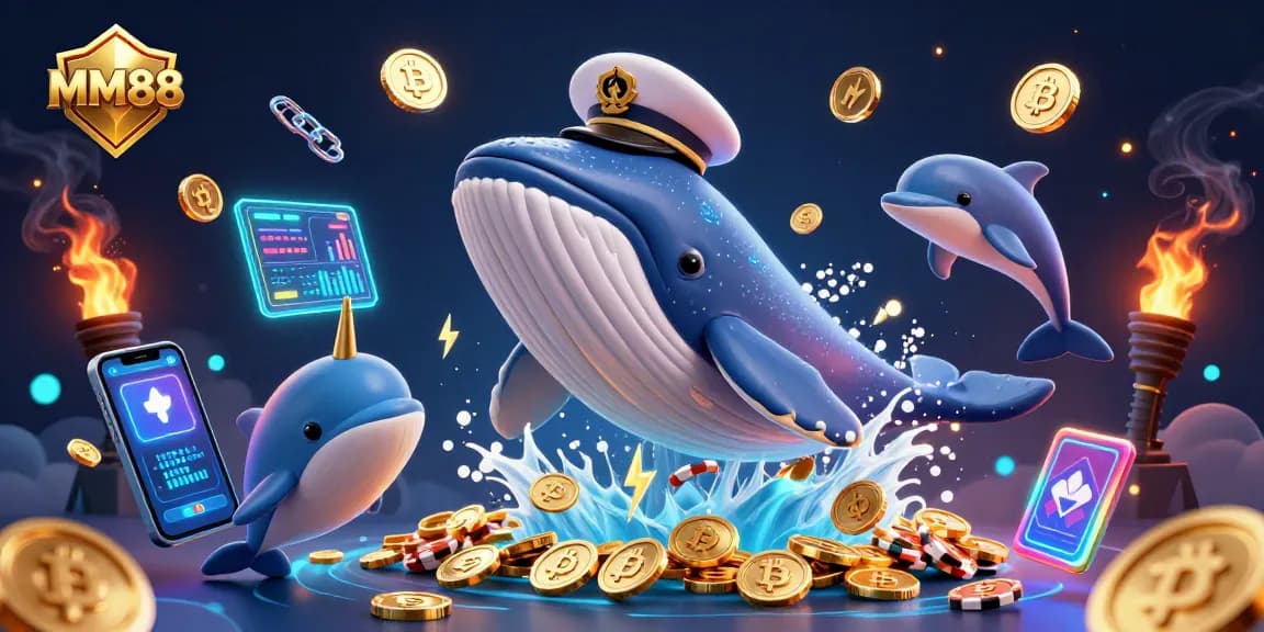 Experience exciting games at MM88 with a vibrant 3D cartoon scene featuring whales, dolphins, and poker chips.