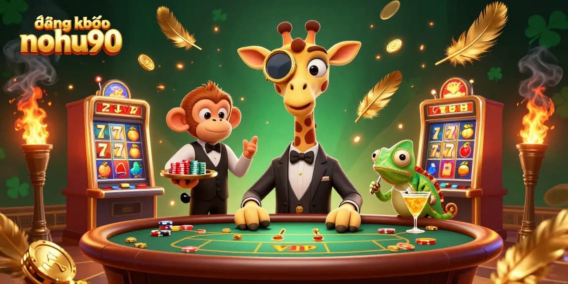Experience thrilling gaming action at đăng ký nohu90 with a vibrant 3D casino scene featuring a high-roller giraffe and playful characters.