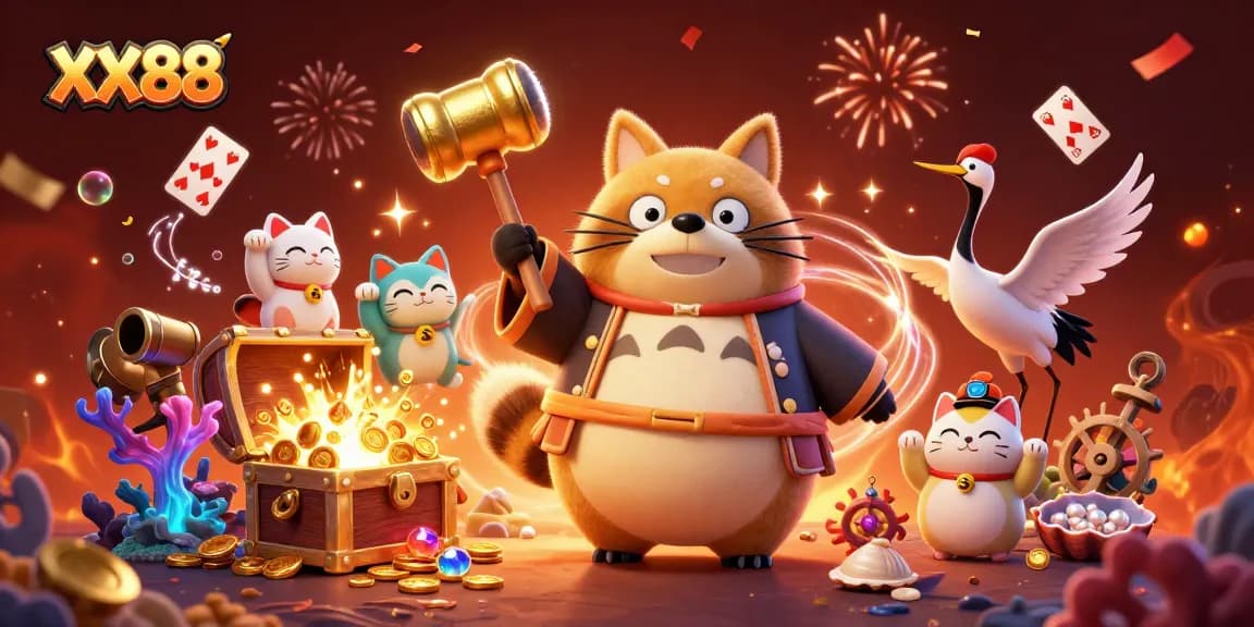 Play thrilling games at XX88 with a festive scene featuring lucky symbols and treasures.
