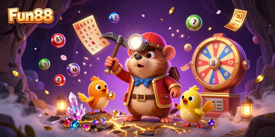 Exciting Fun88 gaming experience with a treasure hunter mole in a vibrant casino-themed cave.