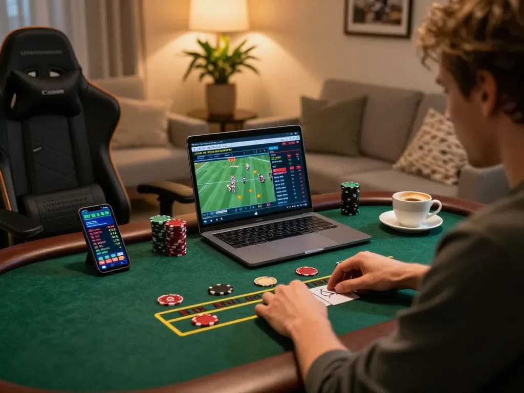Player enjoying a live blackjack game on 58win platform at home in a cozy atmosphere.
