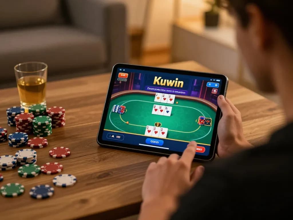 Kuwin app showcased on a tablet while a player engages in an online poker game, enhancing the thrilling online gambling experience.