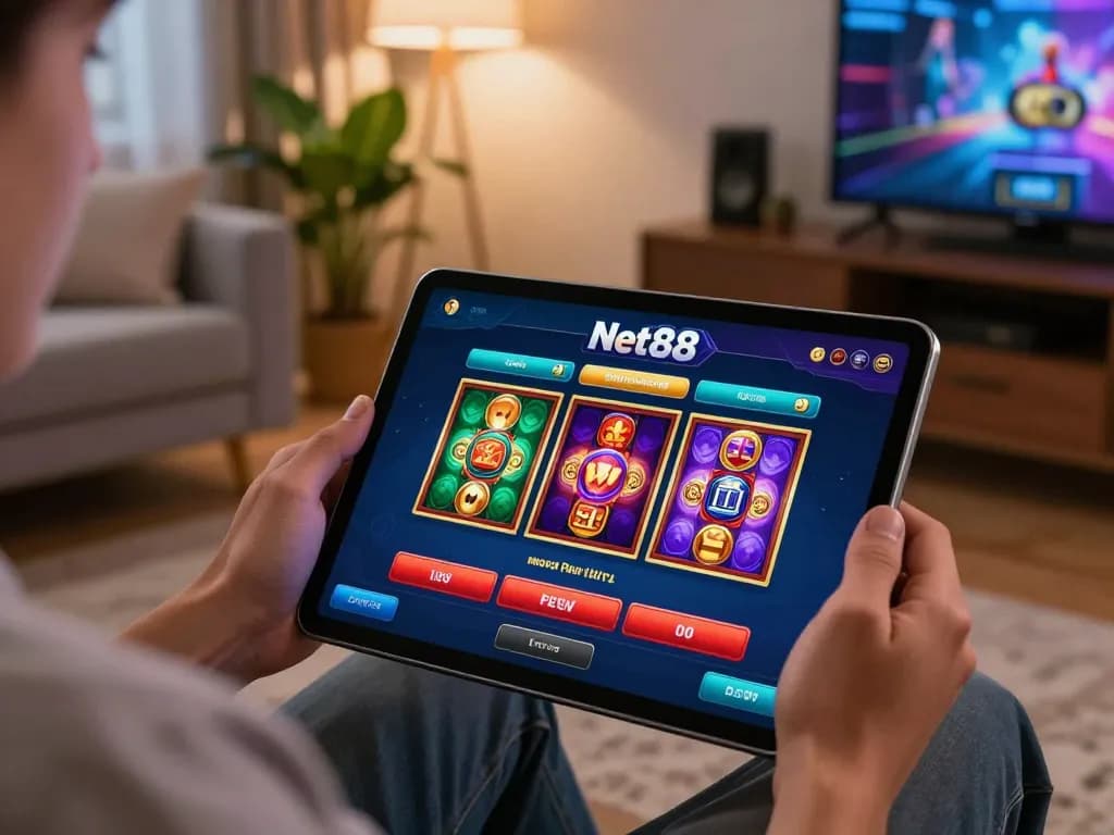 Player navigating the Net88 casino app on a tablet in a cozy home setting, promoting responsible gaming.