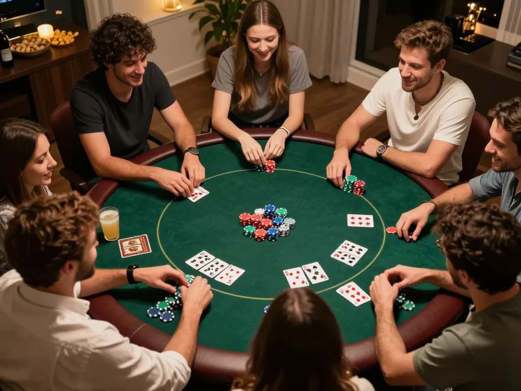 Friends enjoying a poker game night at home, showcasing B52club camaraderie and competitive fun.