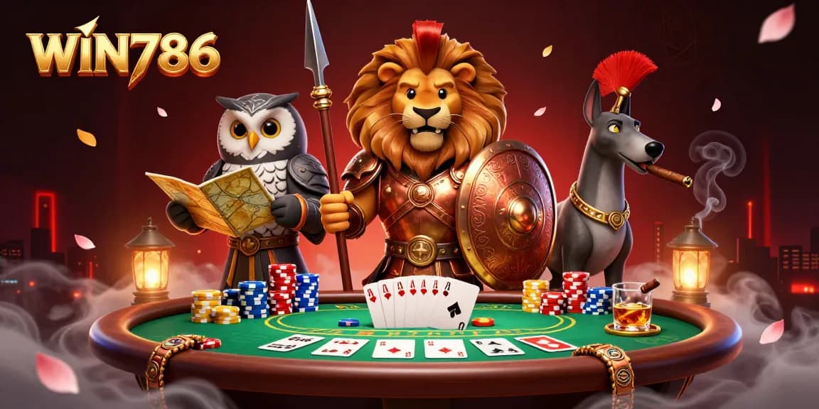 Experience the thrill of WIN786 with a dynamic poker scene featuring a Spartan lion and mystical elements.