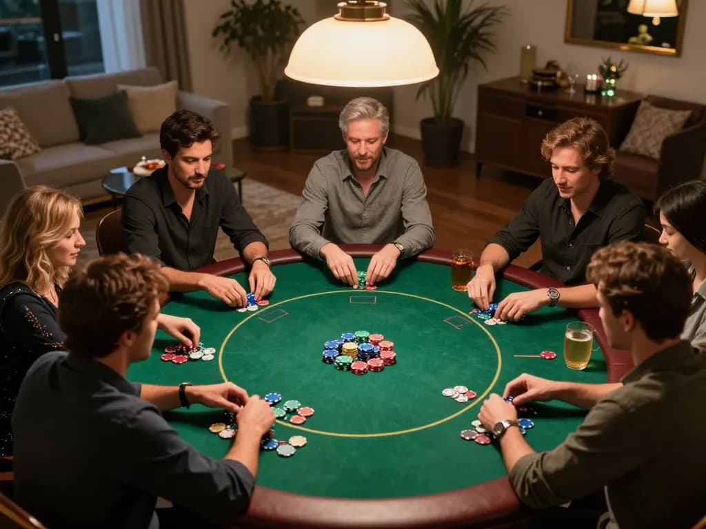 Players calculate tỷ lệ kèo during intense home poker game gathering, showcasing competitive spirit and strategy.