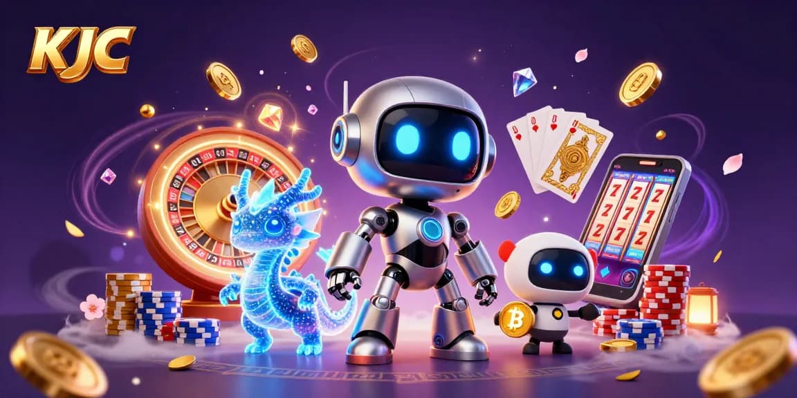 KJC showcases a vibrant 3D cyberpunk casino scene featuring dynamic gaming action with colorful chips and coins.